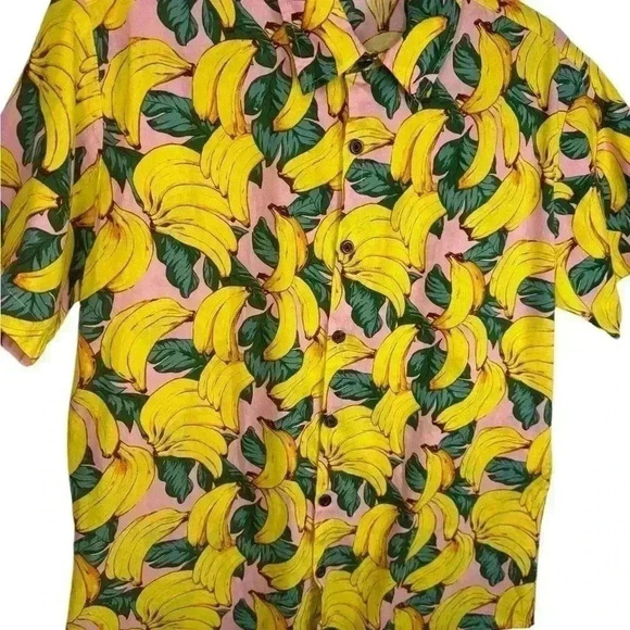 Jogal Shirt Men's Medium Banana Pattern Button Up Short Sleeve Tropical Leaf - Picture 3 of 11